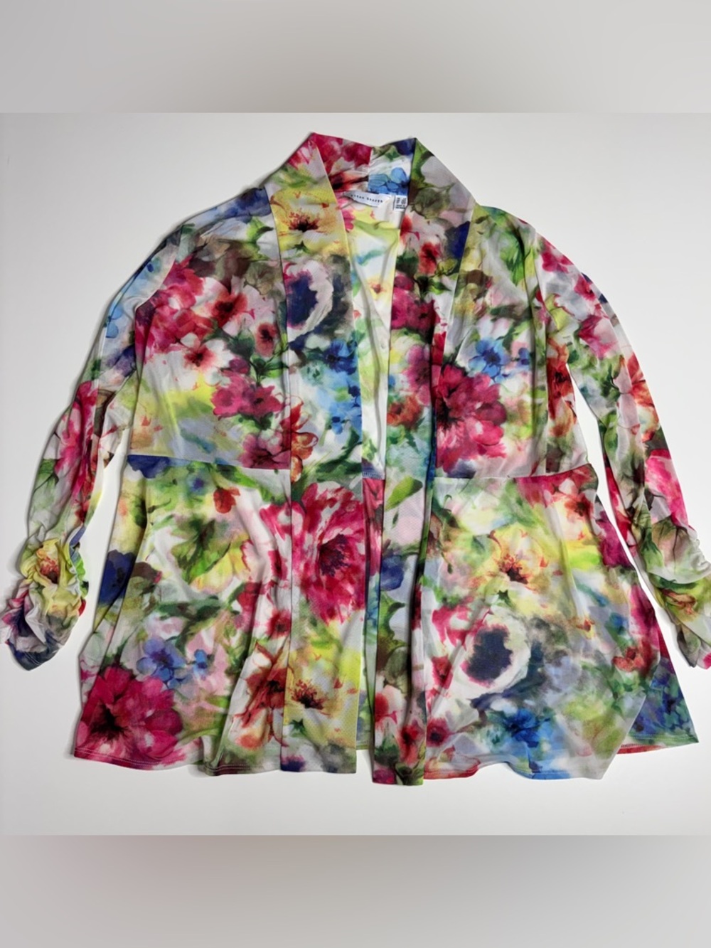 Susan Graver LP Watercolor Floral Mesh Open Front Cardigan